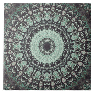 Azulejo De Cerâmica Mandarim Verde e Carvão com Padrão Mandala
