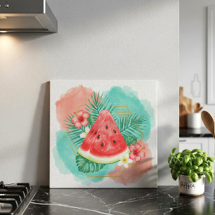 Azulejo De Cerâmica Mandarina Tropical de Melancia & Hibisco Aquarela