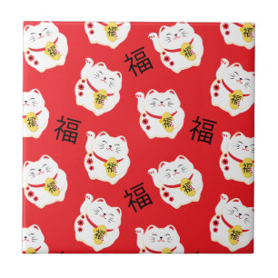 Azulejo De Cerâmica Maneki Neko Cute Lucky Cat Vermelho e Branco