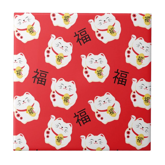 Azulejo De Cerâmica Maneki Neko Cute Lucky Cat Vermelho e Branco (Frente)