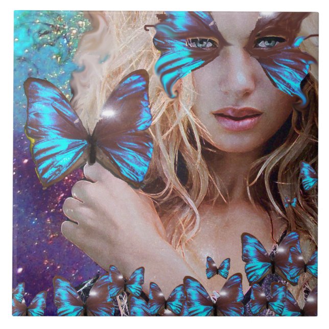 AZULEJO DE CERÂMICA  MANTEIGA AZUL EM ESPUMANTES VERDES DOURADOS TEAIS (Frente)