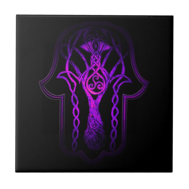 Azulejo De Cerâmica Mão Celta Hamsa (Roxo) (Frente)