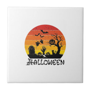 Azulejo De Cerâmica Mão de Zumbi de Halloween Lápide Árvore Gato Preto