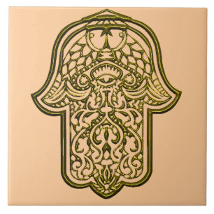 Azulejo De Cerâmica Mão do Henna de Hamsa (ouro)