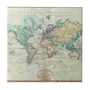 Azulejo De Cerâmica Mapa 1801 de Cary do mundo na projeção de Mercat