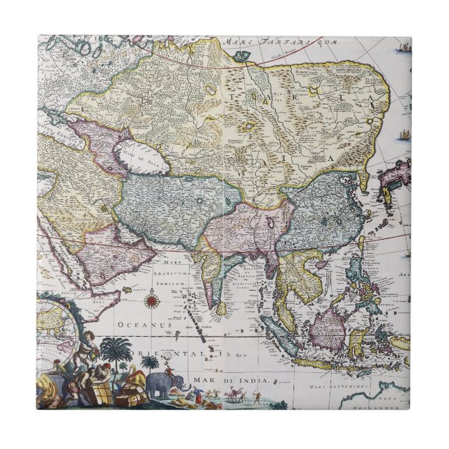 Azulejo De Cerâmica Mapa antigo de Ásia | 1696 (Frente)