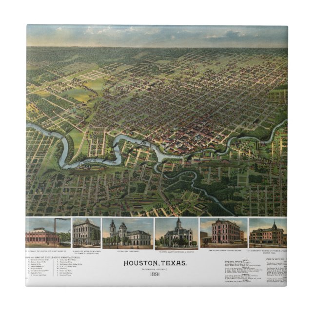 Azulejo De Cerâmica Mapa antigo de Houston, Texas com Rio Buffalo (Frente)