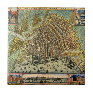 Azulejo De Cerâmica Mapa Antigo de Ruas de Amsterdã, Holanda