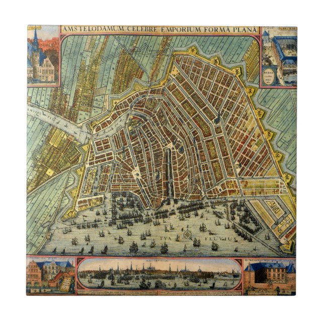 Azulejo De Cerâmica Mapa Antigo de Ruas de Amsterdã, Holanda (Frente)