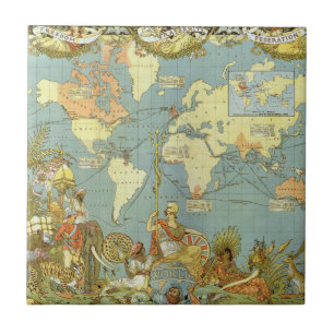 Azulejo De Cerâmica Mapa Antigo do Mundo do Império Britânico, 1886