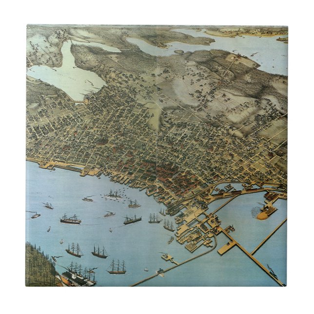 Azulejo De Cerâmica Mapa Antigo Vista Aérea Cidade de Seattle Washingt (Frente)