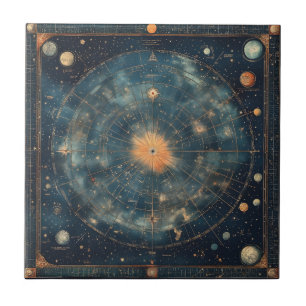 Azulejo De Cerâmica Mapa Celestial da Vintagem com Zodiac e Planetário