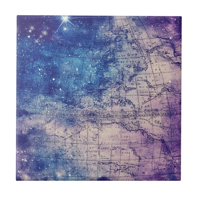 Azulejo De Cerâmica Mapa Celestial Púrpura Místico do Mundo (Frente)
