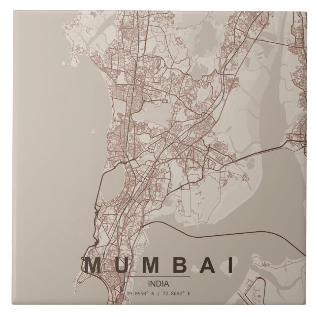 Azulejo De Cerâmica Mapa da Cidade de Mumbai na Índia com Design Minim (Frente)