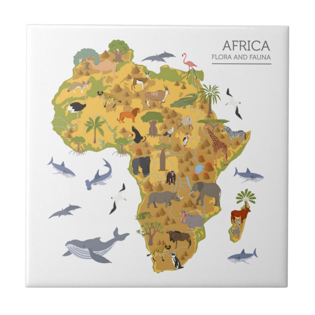 Azulejo De Cerâmica Mapa da flora & da fauna de África | (Frente)