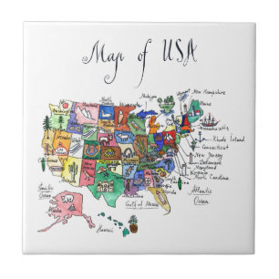 Azulejo De Cerâmica Mapa das atrações dos Estados Unidos da América