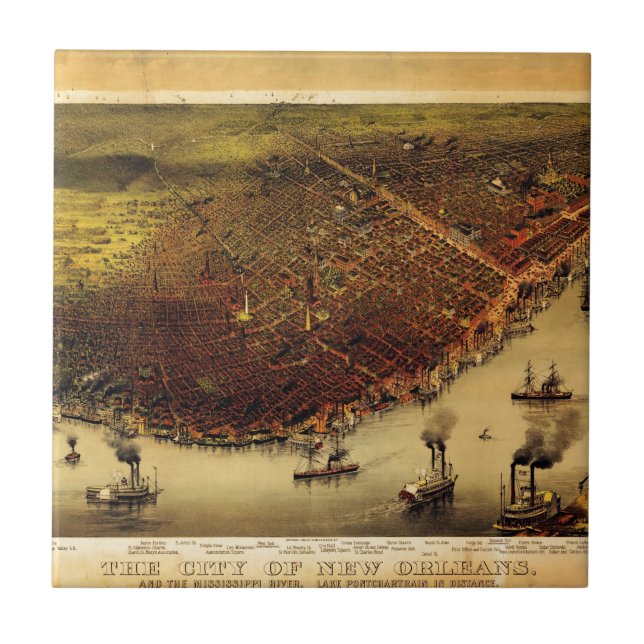 Azulejo De Cerâmica Mapa de Birdseye de Nova Orleães (1885) (Frente)