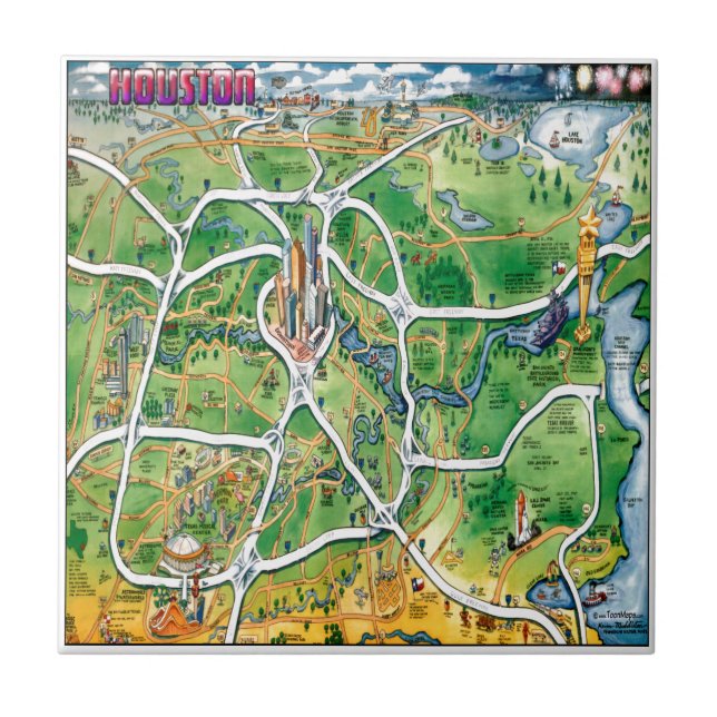 Azulejo De Cerâmica Mapa de Cartoons de Houston Texas (Frente)
