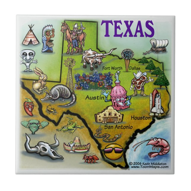 Azulejo De Cerâmica Mapa de Cartoons do Texas (Frente)