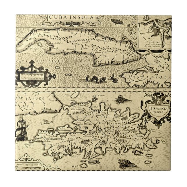 Azulejo De Cerâmica Mapa de Cuba e de Hispaniola (Frente)