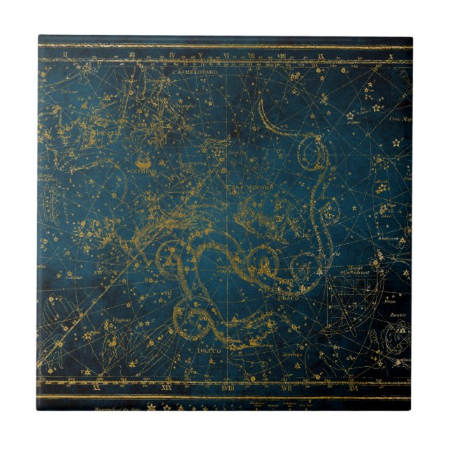 Azulejo De Cerâmica Mapa de estrelas Dourado e Azul Escuro Ilustrado  (Frente)