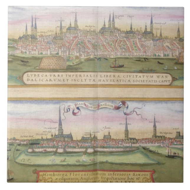 Azulejo De Cerâmica Mapa de Lubeque e de Hamburgo, 'de Civitates Orbis (Frente)