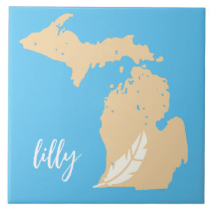 Azulejo De Cerâmica Mapa de Michigan Pena Personalizado Nome Azul Bege