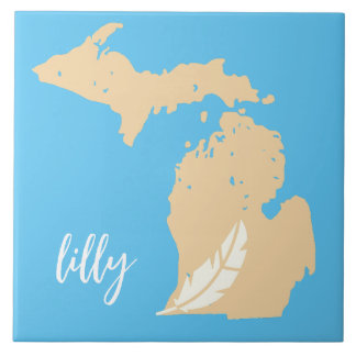 Azulejo De Cerâmica Mapa de Michigan Pena Personalizado Nome Azul Bege