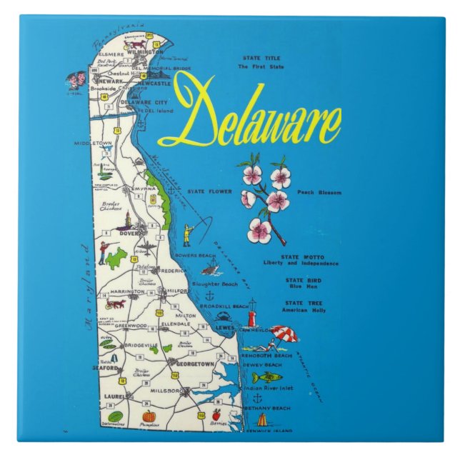 Azulejo de Cerâmica Mapa Delaware Muito Azul (Frente)