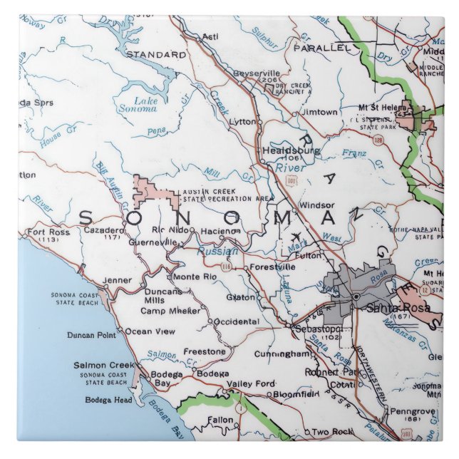 Azulejo De Cerâmica Mapa do Condado de Sonoma CA -Azul (Frente)