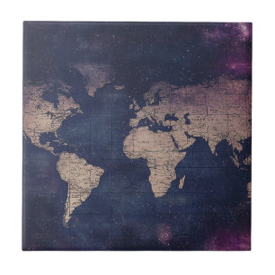 Azulejo De Cerâmica Mapa do Mundo Celestial de Roxo Vintage (5)