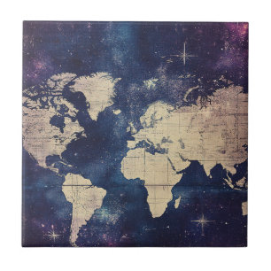 Azulejo De Cerâmica Mapa do Mundo Celestial de Roxo Vintage (7)