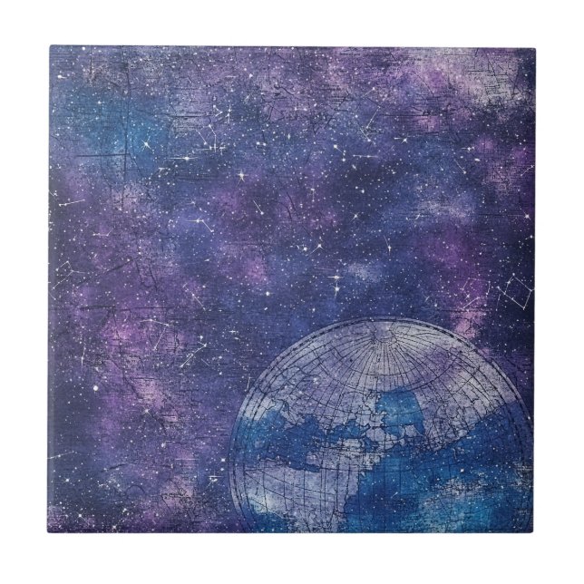 Azulejo De Cerâmica Mapa do Mundo Celestial Roxo (12) (Frente)