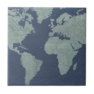Azulejo De Cerâmica Mapa do Mundo de Linen Azul