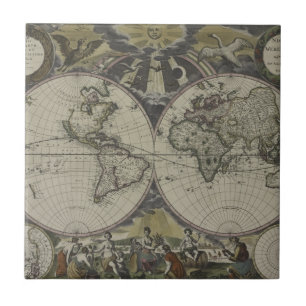 Azulejo De Cerâmica Mapa do mundo dobro 1672 do hemisfério