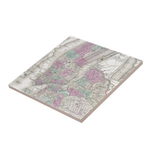 Azulejo De Cerâmica Mapa do vintage de NYC e de Brooklyn (1866)
