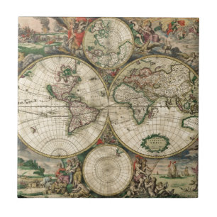 Azulejo De Cerâmica Mapa do vintage do mundo (1689)