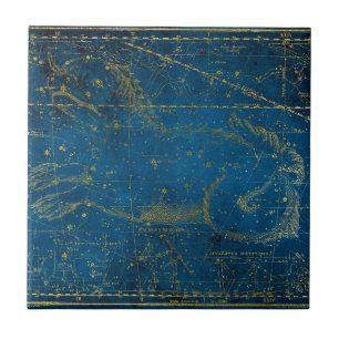 Azulejo De Cerâmica Mapa em estrela Dourada e azul de Médio ilustrado