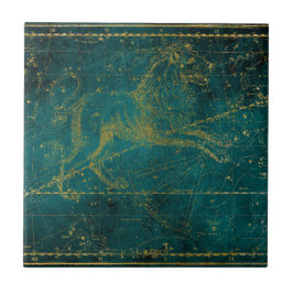 Azulejo De Cerâmica Mapa Estelar Leão Verde e Dourado Ilustrado Vintag