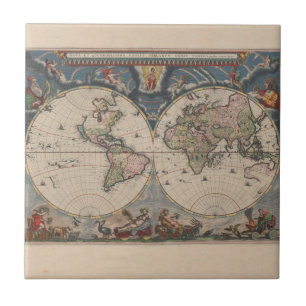 Azulejo De Cerâmica Mapa Mundial Antiquado: Arte Cartográfica Históric