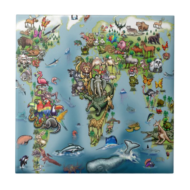 Azulejo De Cerâmica Mapa Mundial de Animais (Frente)