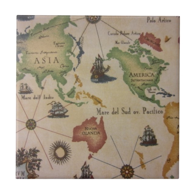 Azulejo De Cerâmica Mapa Mundial do Pacífico (Frente)