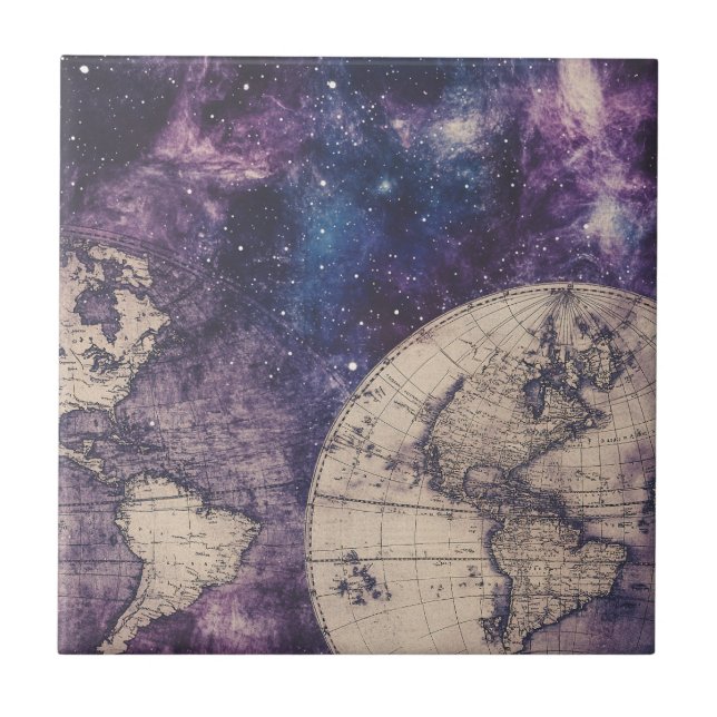 Azulejo De Cerâmica Mapa Mundial Vintage Celestial (3) (Frente)