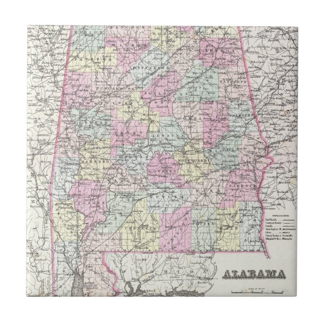 Azulejo De Cerâmica Mapa Vintage do Alabama (1855) (Frente)