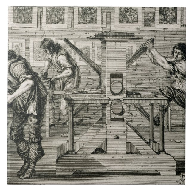 Azulejo De Cerâmica Máquina impressora francesa, 1642 (gravura) (Frente)