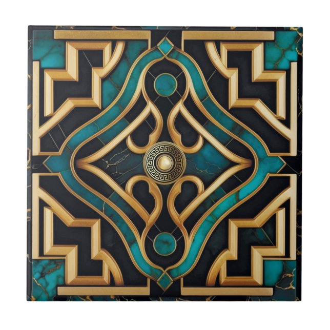 Azulejo De Cerâmica Marble Art Deco Mar Grego Dourado Mandala Verde (Frente)