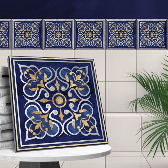 Azulejo De Cerâmica Marble Azul de Ornamento marroquino e Dourado (Criador carregado)