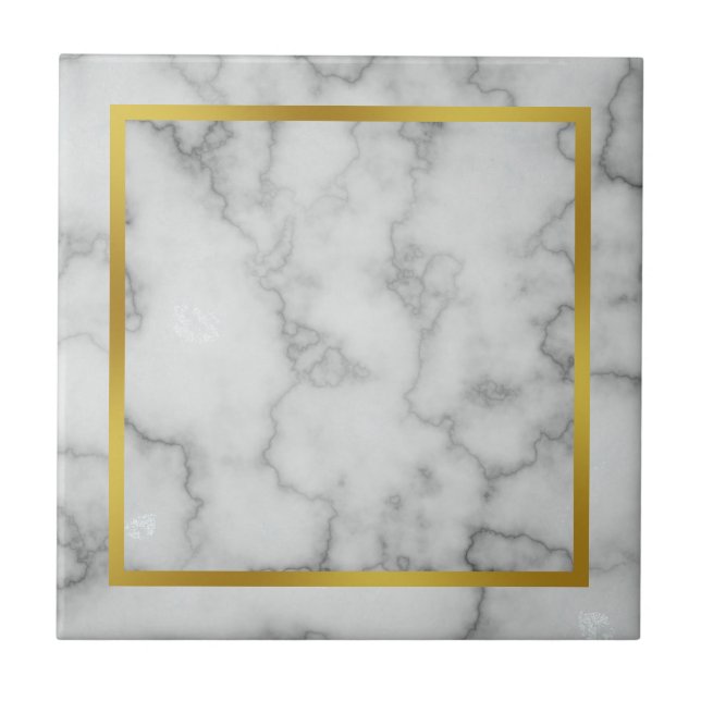 Azulejo De Cerâmica Marble Branco Elegante Faux e Faux Dourado (Frente)