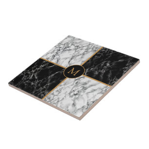 Azulejo De Cerâmica Marble de Verificação Preto e Branco - Personali