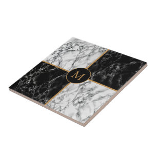 Azulejo De Cerâmica Marble de Verificação Preto e Branco - Personali